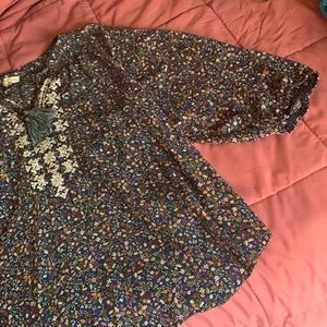 Print peasant blouse with front embroidery accent